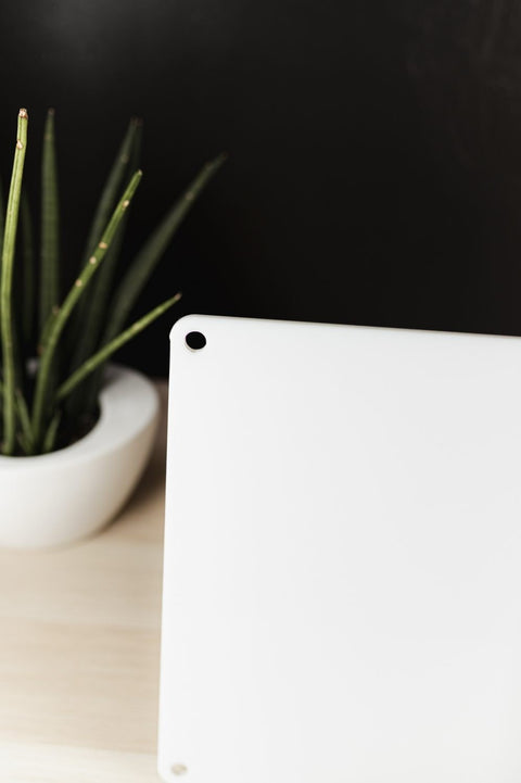 3. Close-up of LUULA acrylic whiteboard corner with plant in background