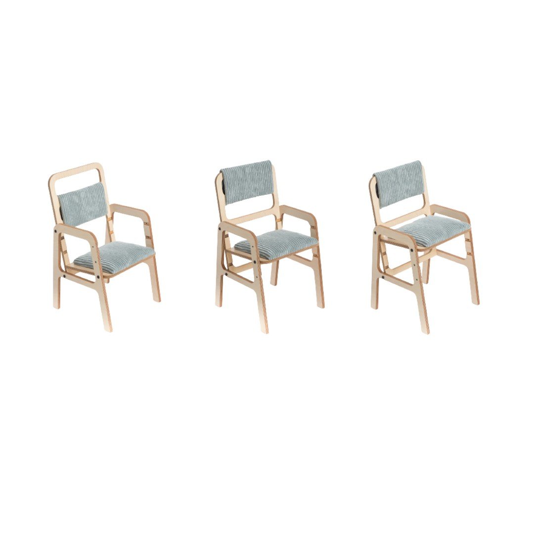 4. Three mint green adjustable children's chairs in different heights, showing design and adjustability