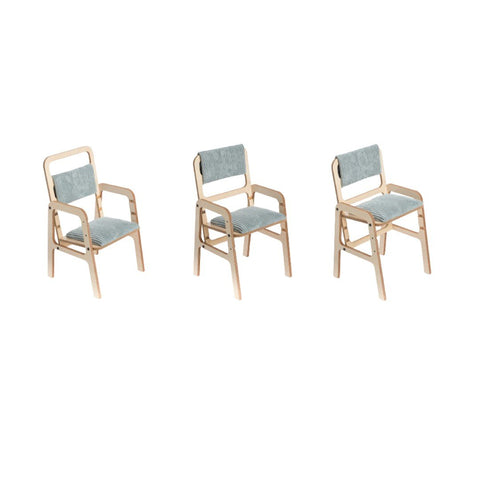 4. Three mint green adjustable children's chairs in different heights, showing design and adjustability