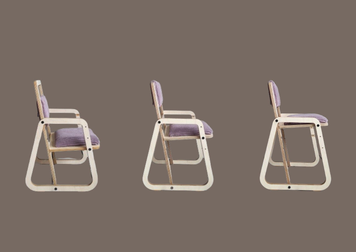 24. Three views of Luula Julle chair in cannon pink, showing adjustable features