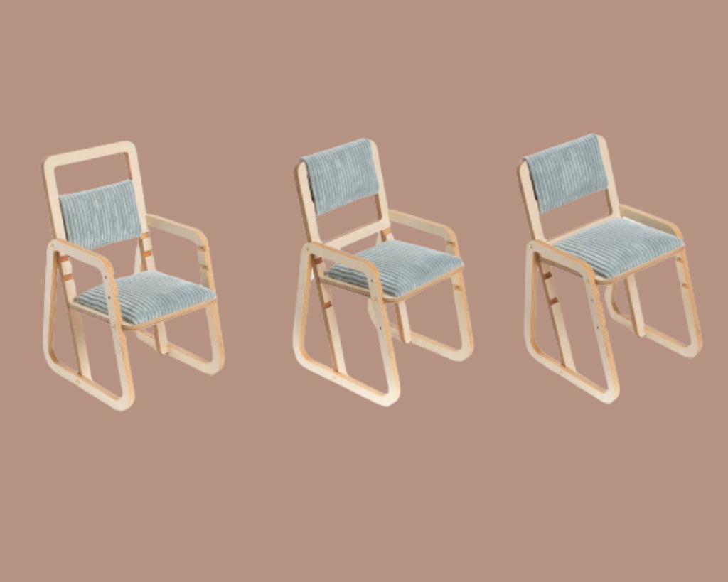 2. Three front views of adjustable children's chair on a brown background