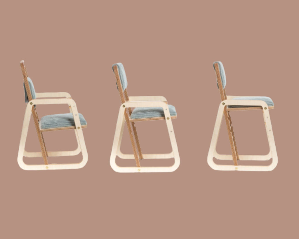 2. Three side views of adjustable children's chair on a brown background