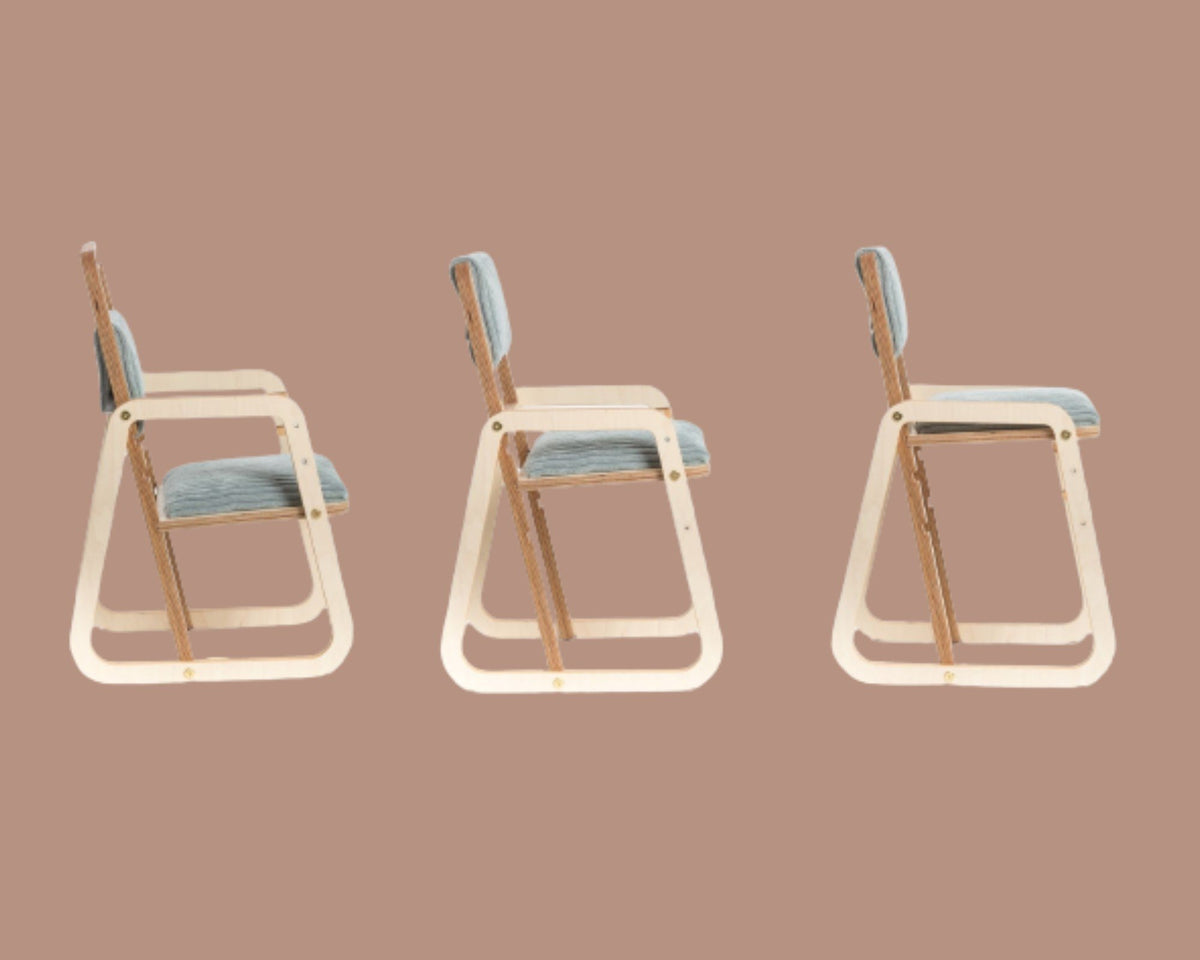 2. Three side views of adjustable children's chair on a brown background
