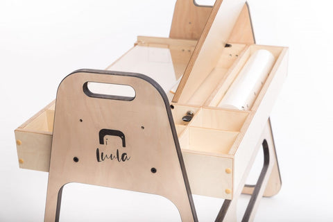 4. Luula Julle table with storage compartments and paper roll, shown in mint green