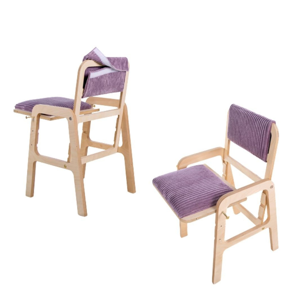 8. Two views of adjustable children's chair with purple cushion, designed to grow with the child, highlighting comfort and adaptability.