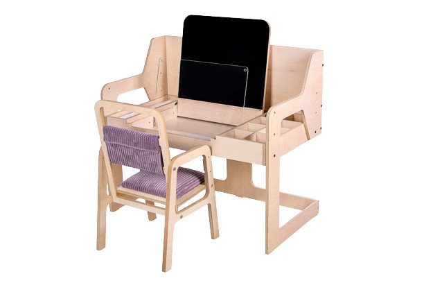 1. Adjustable children's table and chair set in birch plywood with purple seat cushion, featuring a blackboard and storage compartments, ideal for creative play and learning.