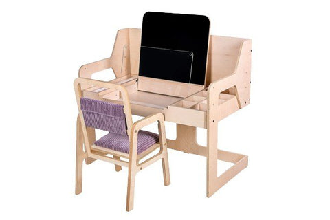 1. Adjustable children's table and chair set in birch plywood with purple seat cushion, featuring a blackboard and storage compartments, ideal for creative play and learning.