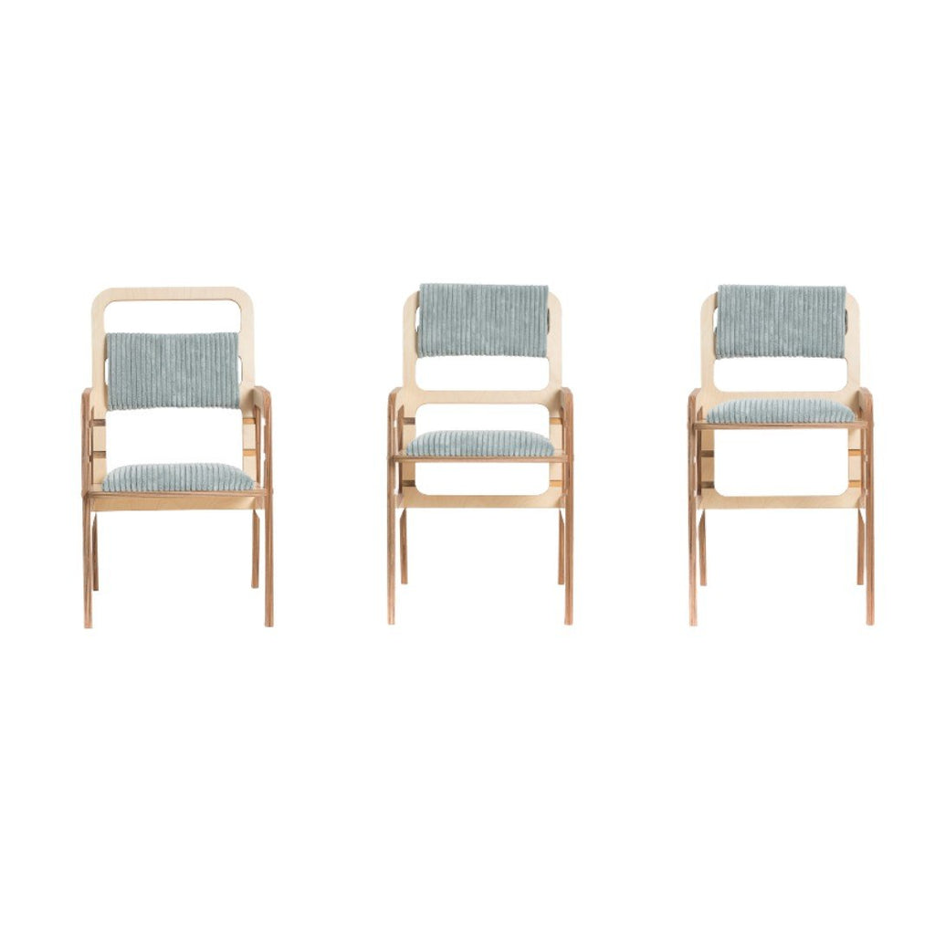 2. Three Luula mint green adjustable chairs in studio setting, showing different height options