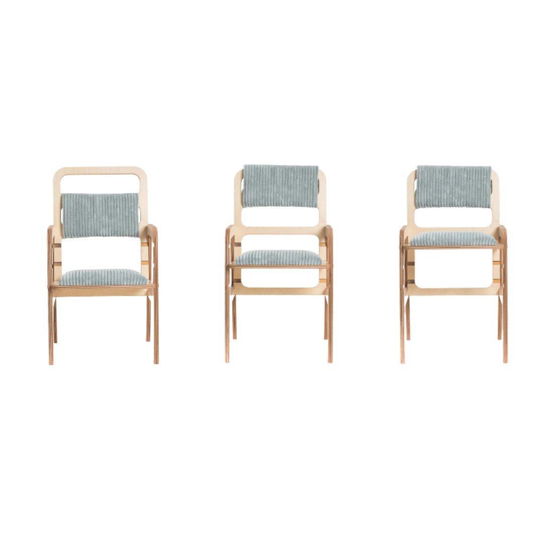 2. Three Luula mint green adjustable chairs in studio setting, showing different height options