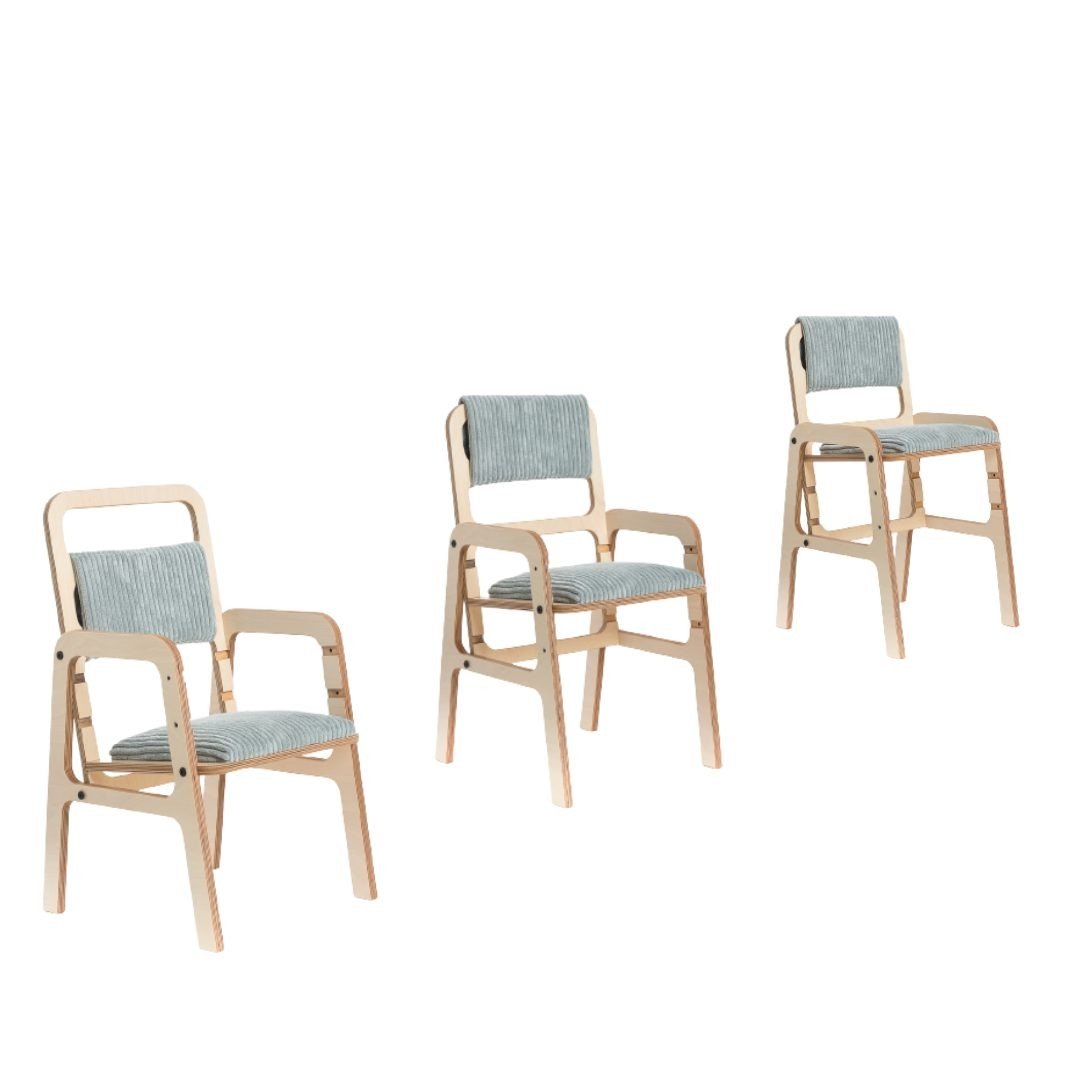 2. Side view of three Luula mint green adjustable chairs, highlighting design and height adjustability