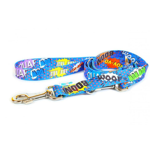 2. Blue graffiti-patterned adjustable leash with durable metal carabineer, featuring colorful text and graphics, shown coiled on a white background