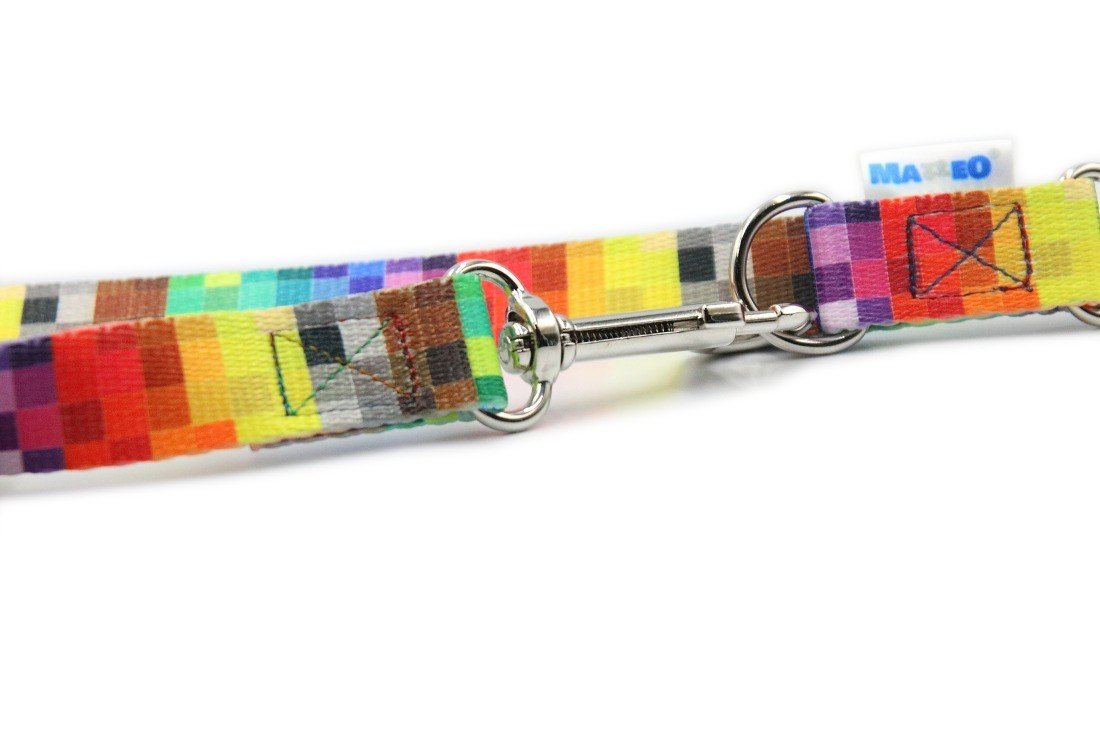 2. Close-up of Matteo adjustable leash showing colorful pixel design and strong stitching with metal hardware