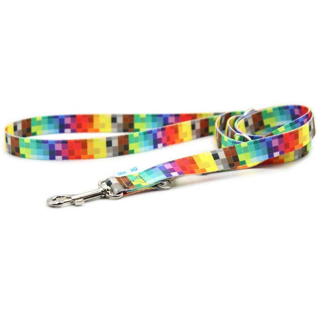 1. Adjustable leash with vibrant pixel pattern and durable metal carabineer on white background