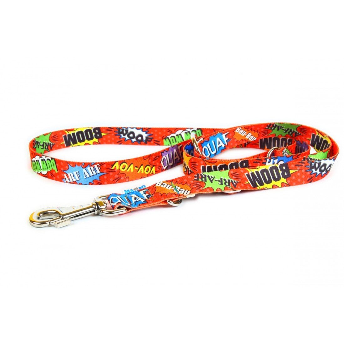 2. Red graffiti-patterned adjustable leash with durable carabineer, featuring colorful comic-style text and strong stitching, shown on a white background