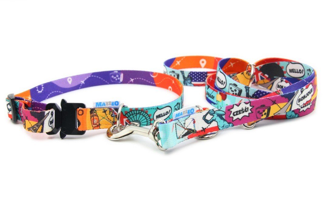 6. Matteo travel collection set with adjustable leash and collar, featuring colorful global landmarks and greetings on white background