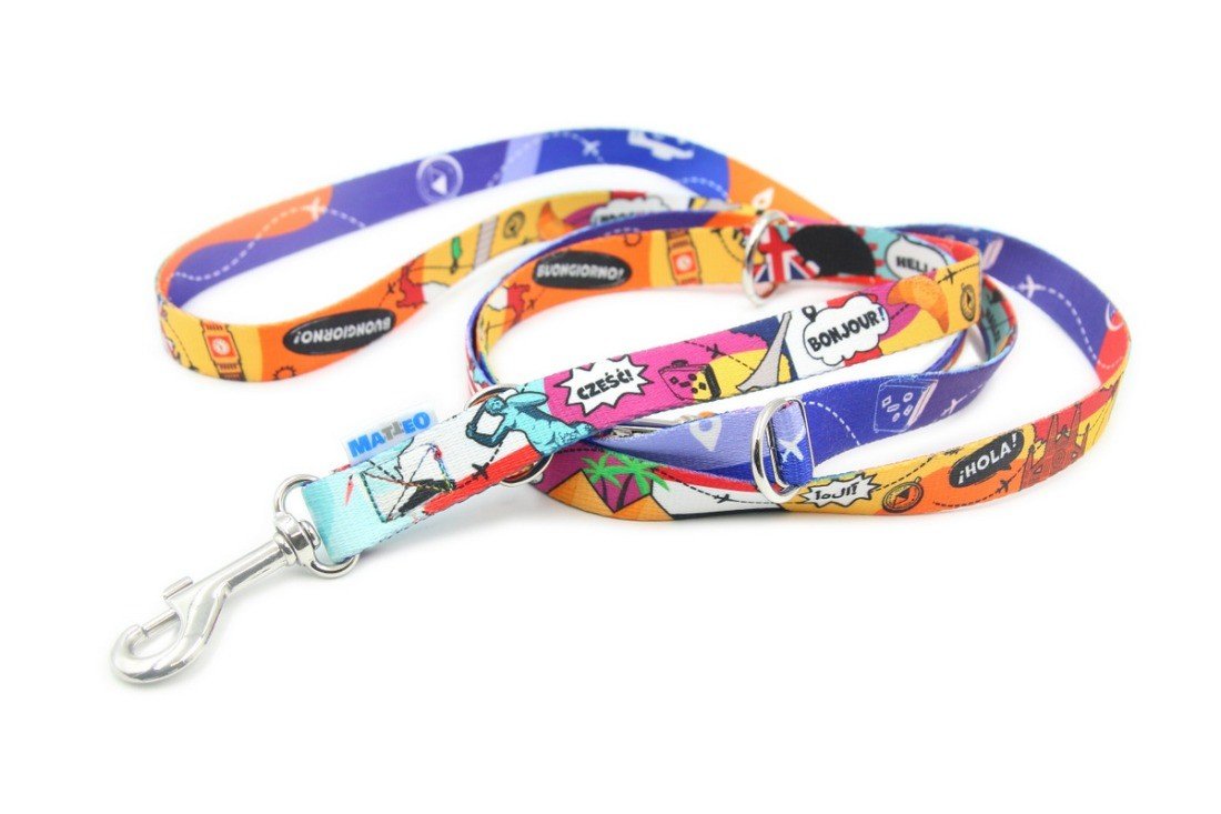 2. Vibrant Matteo travel collection leash with global landmarks and greetings, displayed in a loop on a white surface
