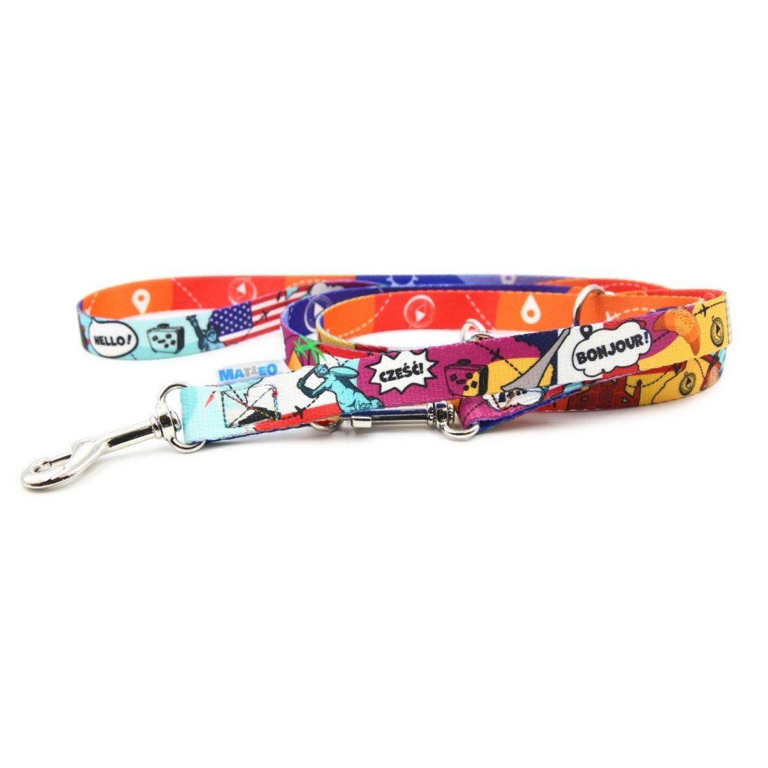1. Matteo adjustable leash with colorful travel-themed pattern featuring landmarks like Eiffel Tower and Statue of Liberty, shown coiled on white background