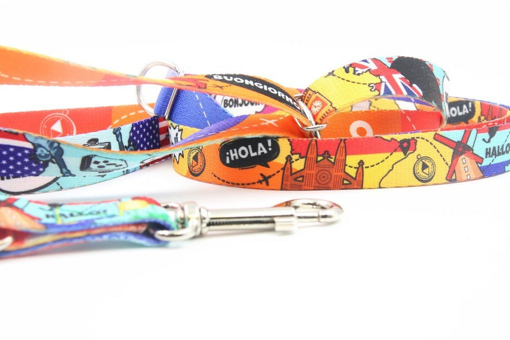 4. Detailed view of Matteo travel leash with colorful landmarks and greetings, highlighting metal clasp and fabric texture