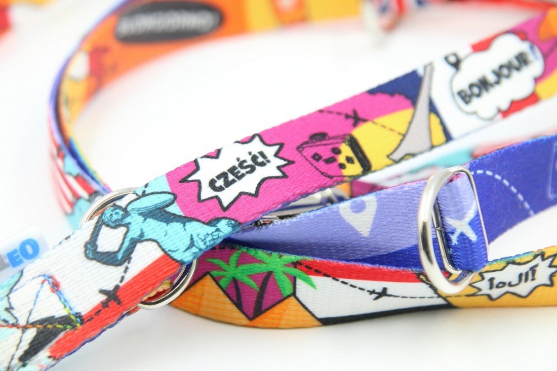 3. Close-up of Matteo leash showing colorful travel icons and greetings like 'Bonjour' and 'Cześć' on fabric