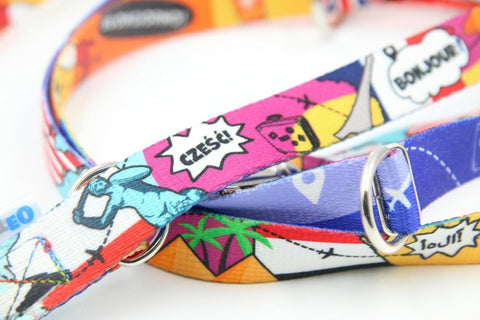 3. Close-up of Matteo leash showing colorful travel icons and greetings like 'Bonjour' and 'Cześć' on fabric