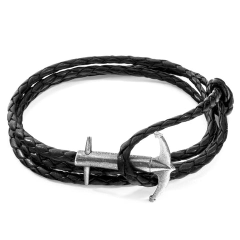 3. Studio shot of Coal Black Admiral Anchor Silver and Braided Leather Bracelet by ANCHOR & CREW