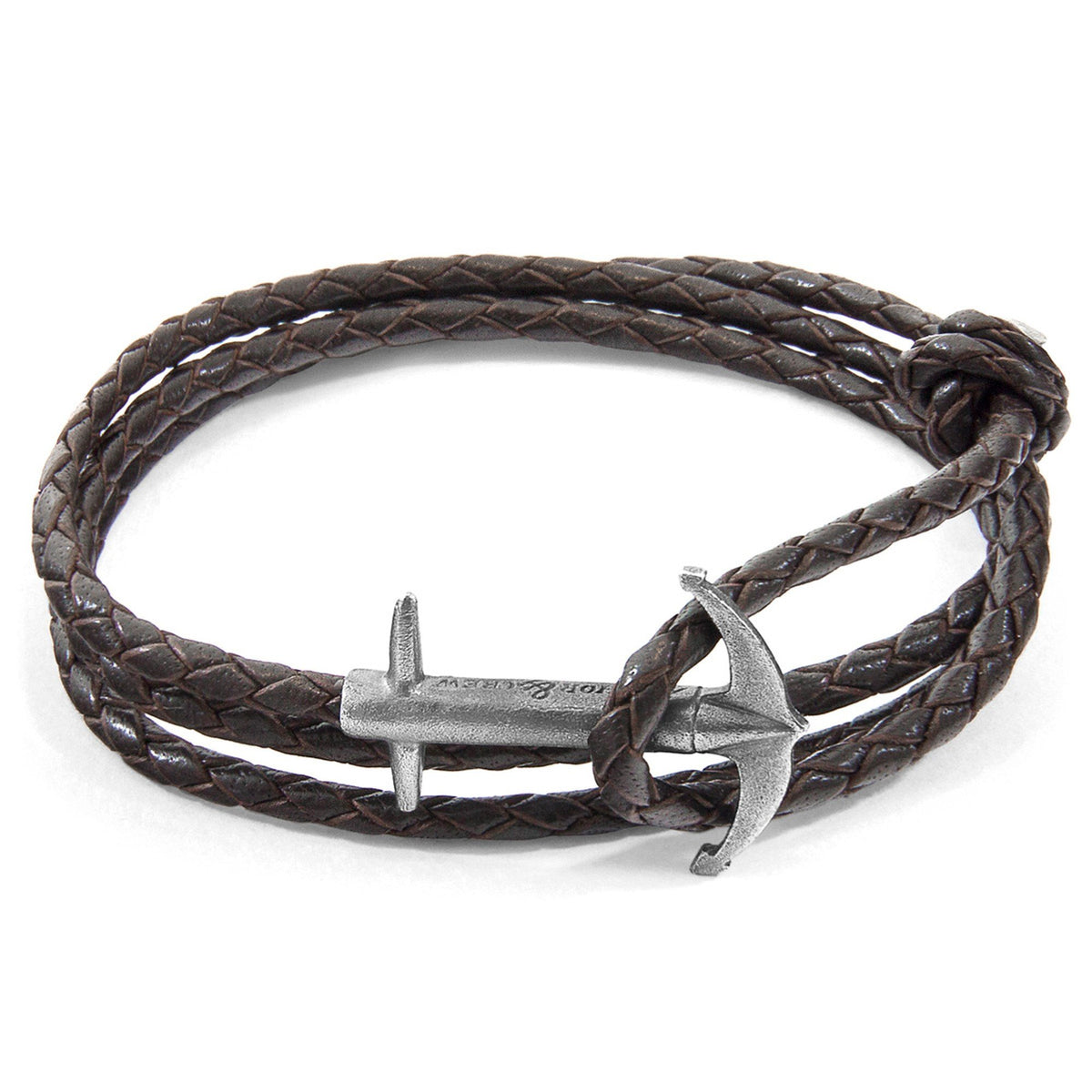 3. Studio image of Admiral Anchor silver and dark brown braided leather bracelet by ANCHOR & CREW, showcasing anchor detail