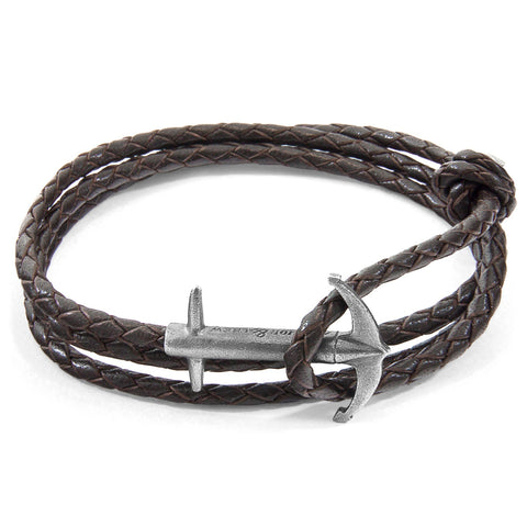 3. Studio image of Admiral Anchor silver and dark brown braided leather bracelet by ANCHOR & CREW, showcasing anchor detail