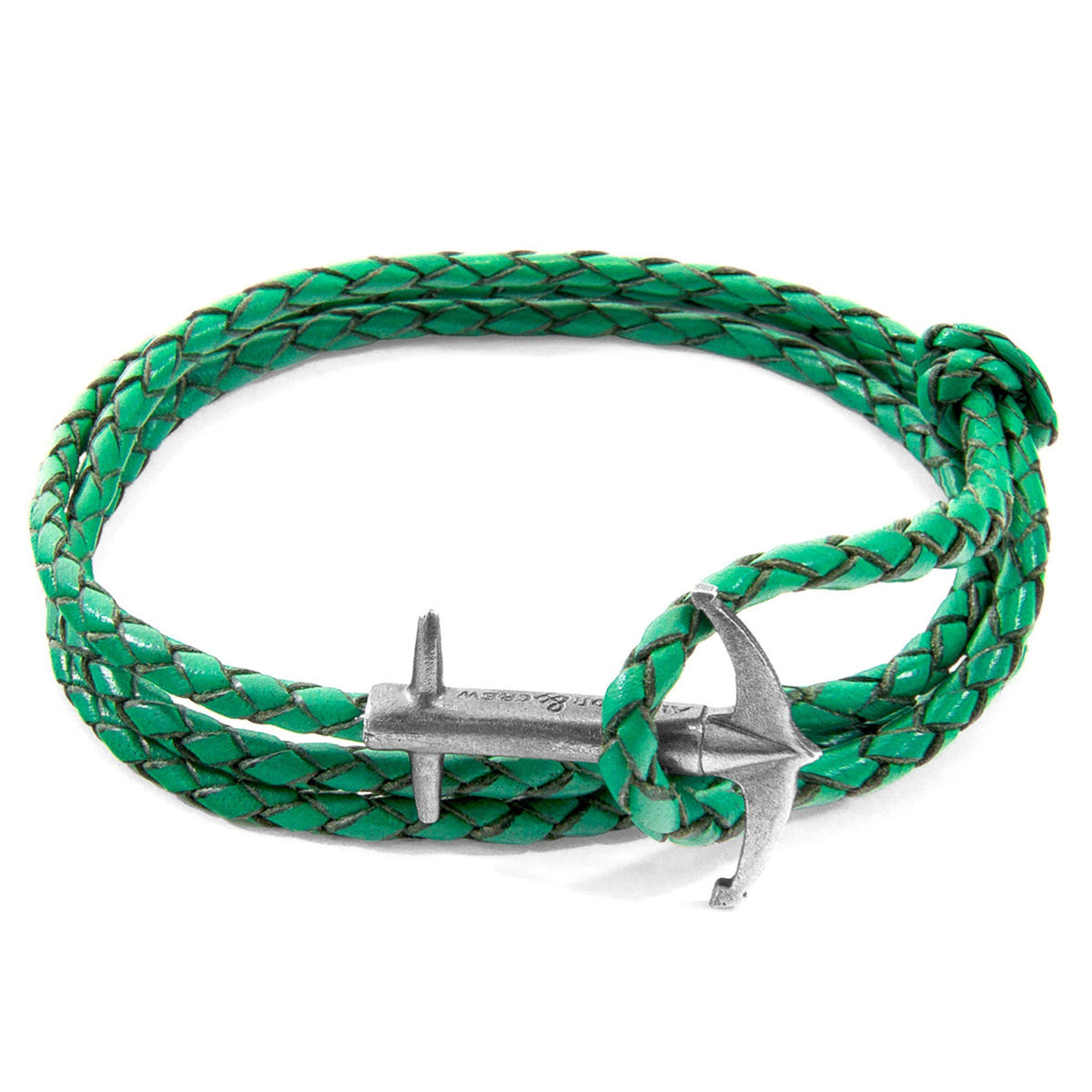 2. Studio image of Admiral Anchor silver and fern green braided leather bracelet by ANCHOR & CREW, showing anchor clasp
