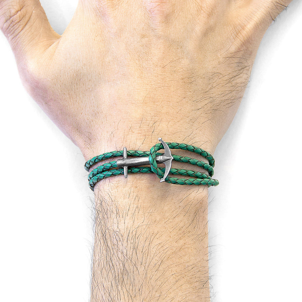 3. Close-up of Admiral Anchor silver and fern green braided leather bracelet by ANCHOR & CREW, worn on wrist