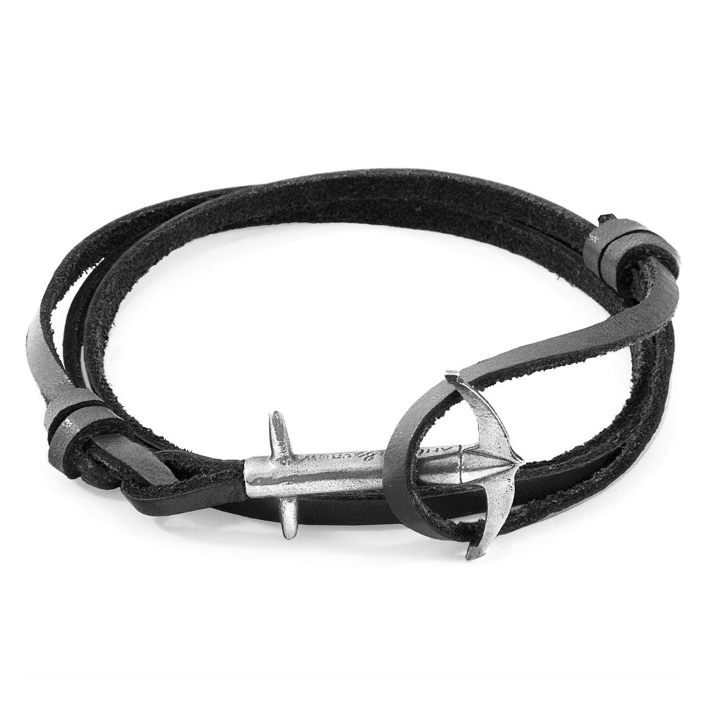 2. Studio image of Coal Black Admiral Anchor Silver and Flat Leather Bracelet by ANCHOR & CREW, featuring sterling silver anchor clasp