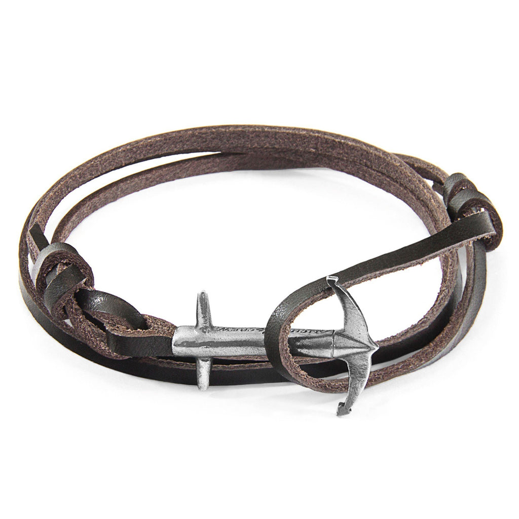 1. Studio image of ANCHOR & CREW Admiral Anchor Silver and Flat Leather Bracelet in dark brown, featuring .925 sterling silver anchor clasp