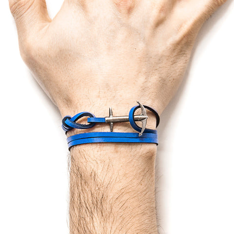 1. Men's royal blue leather bracelet with silver anchor by ANCHOR & CREW, shown on wrist