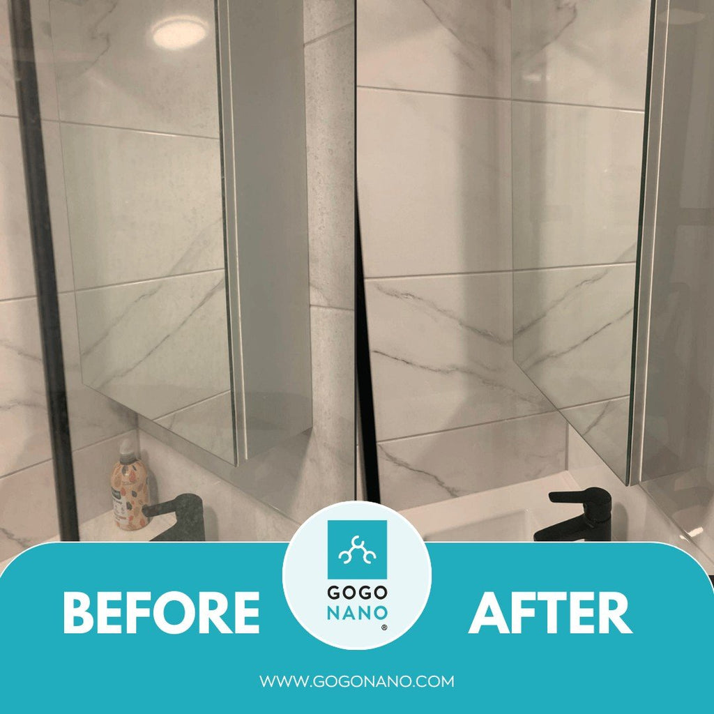 3. Before and after image of bathroom mirror cleaned with GoGoNano EcoGlass cleaner