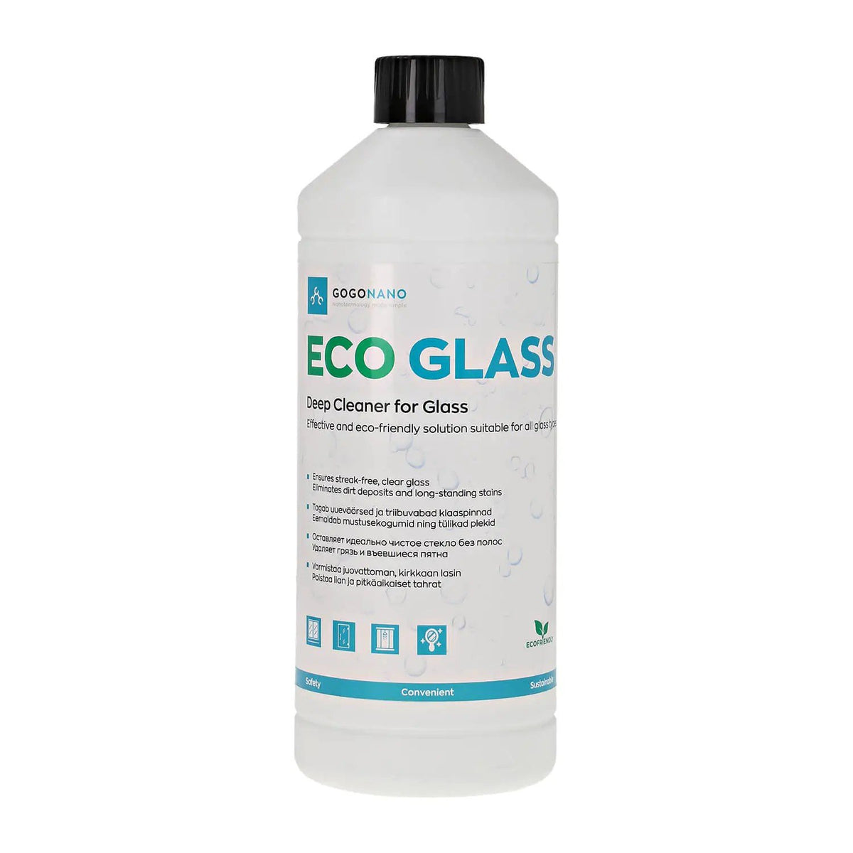 2. GoGoNano EcoGlass window cleaner bottle with label details on white background