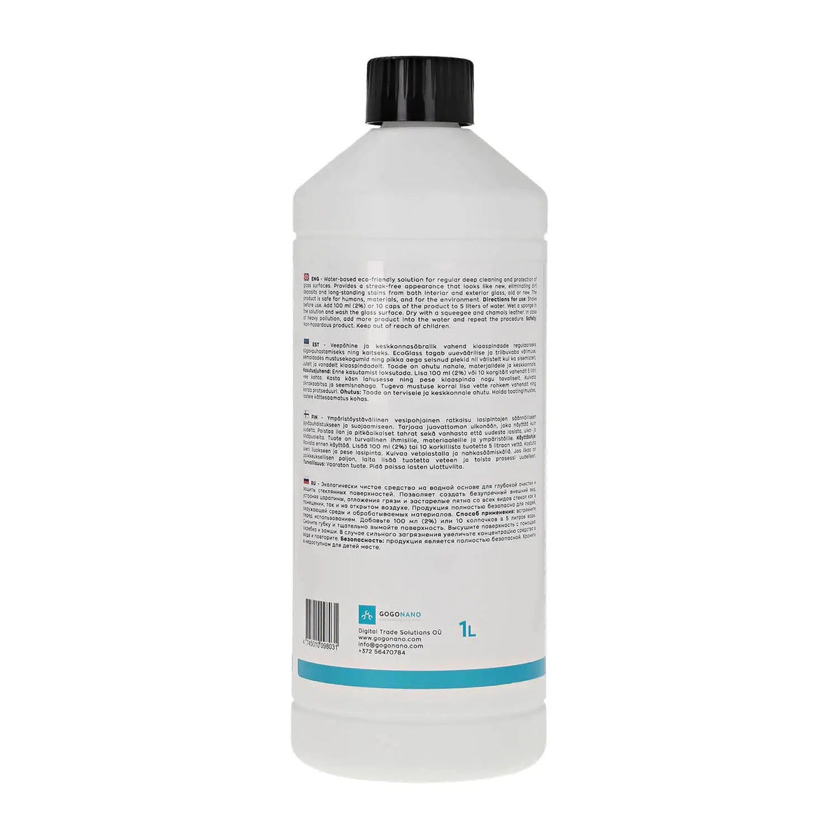 2. Back view of GoGoNano EcoGlass cleaner bottle showing instructions and details