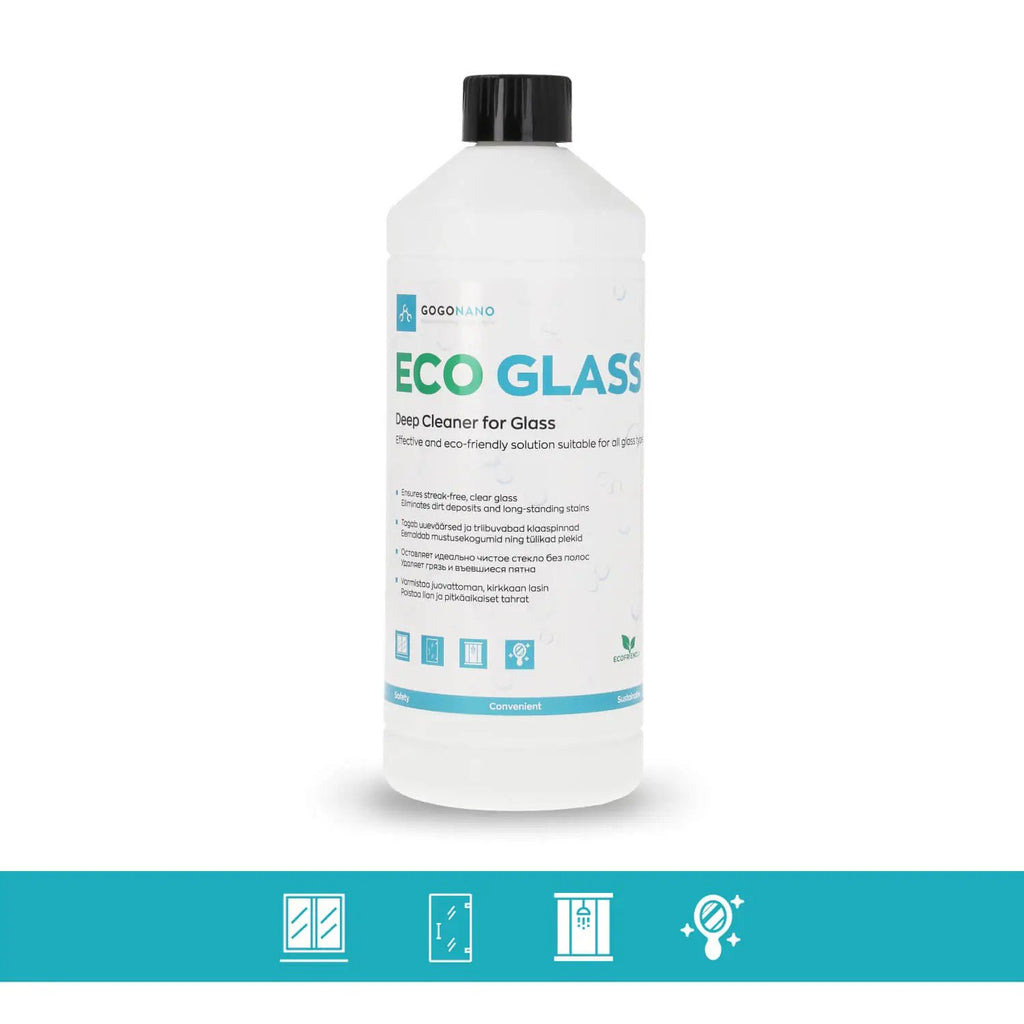 2. GoGoNano EcoGlass cleaner bottle with icons on white background
