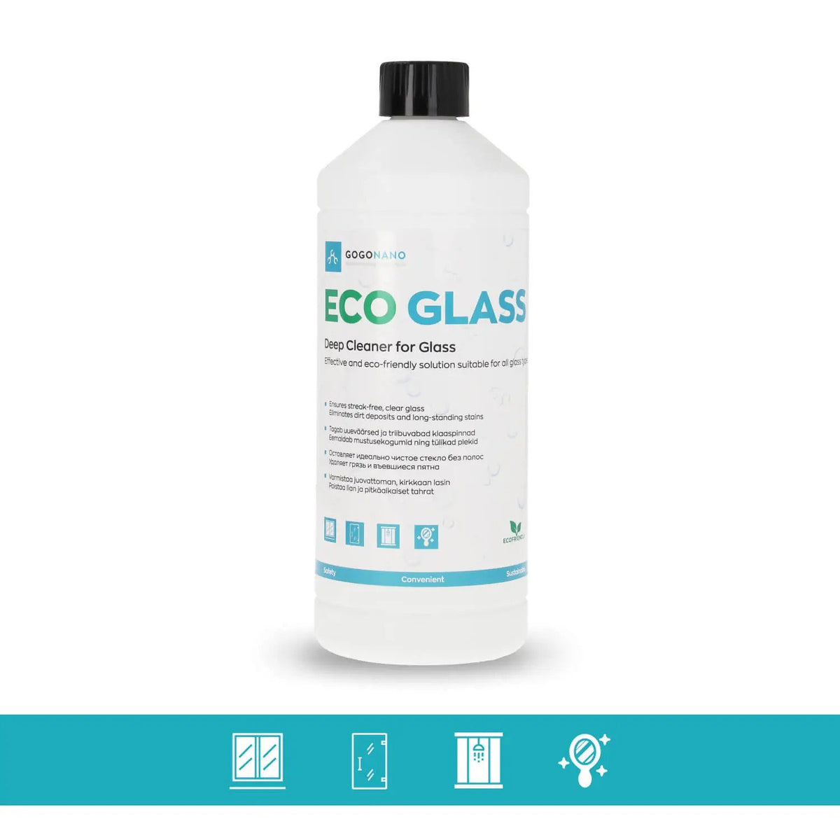 2. GoGoNano EcoGlass cleaner bottle with icons on white background