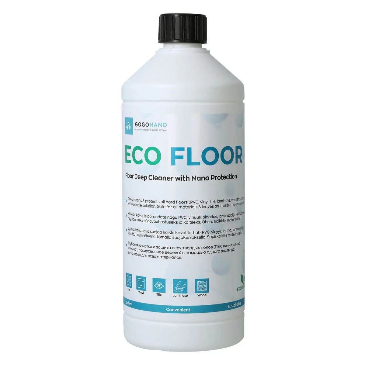 2. GoGoNano EcoFloor natural floor cleaner 1L bottle with label detailing nano protection and eco-friendly features