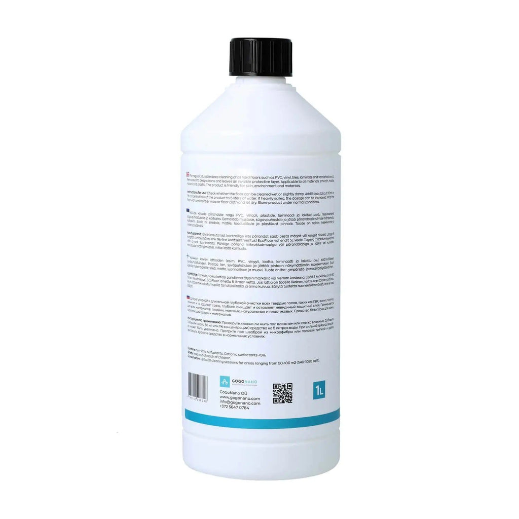 3. Back view of GoGoNano EcoFloor natural floor cleaner 1L bottle showing detailed instructions