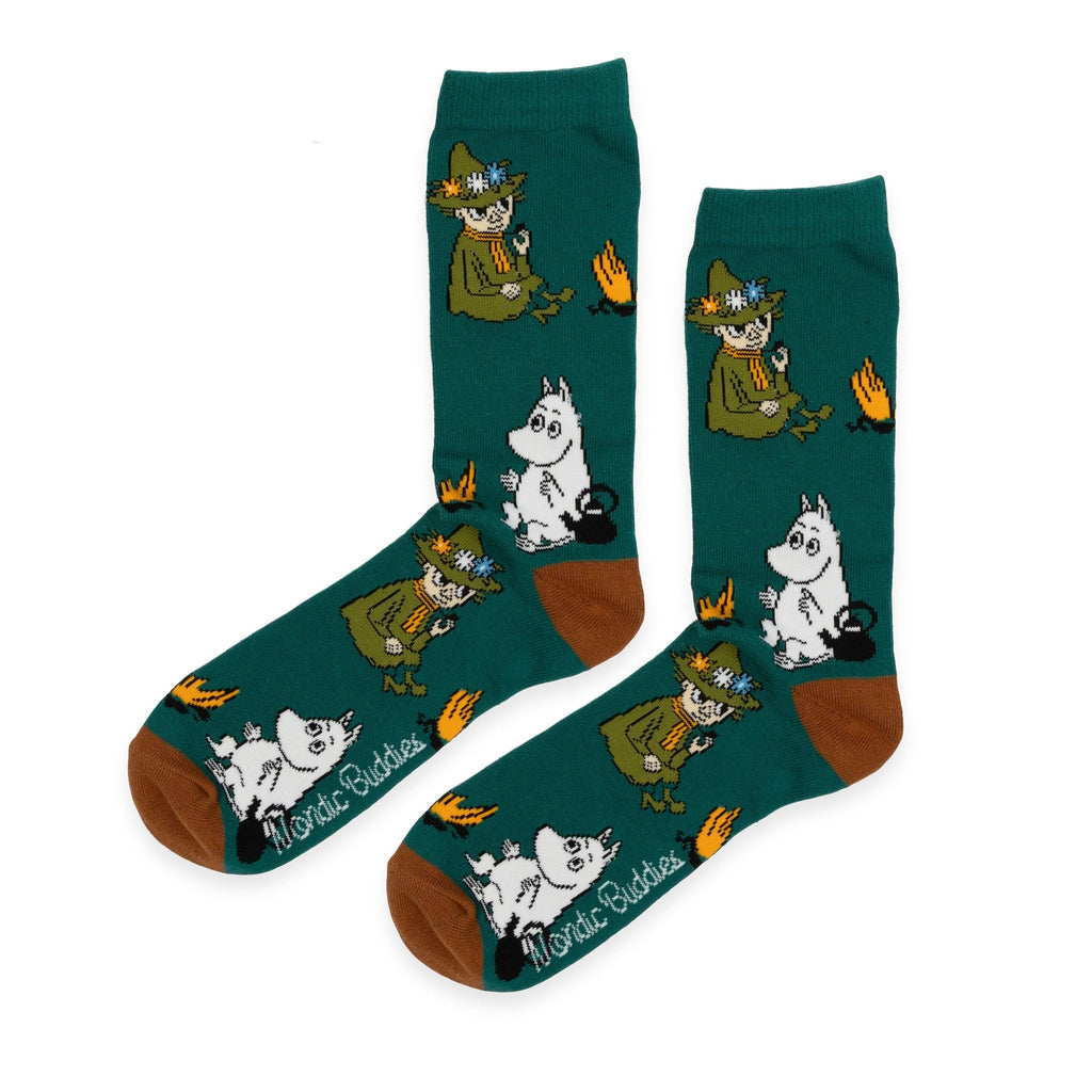 3. Pair of green Moomin socks with character design, laid out flat showing both sides