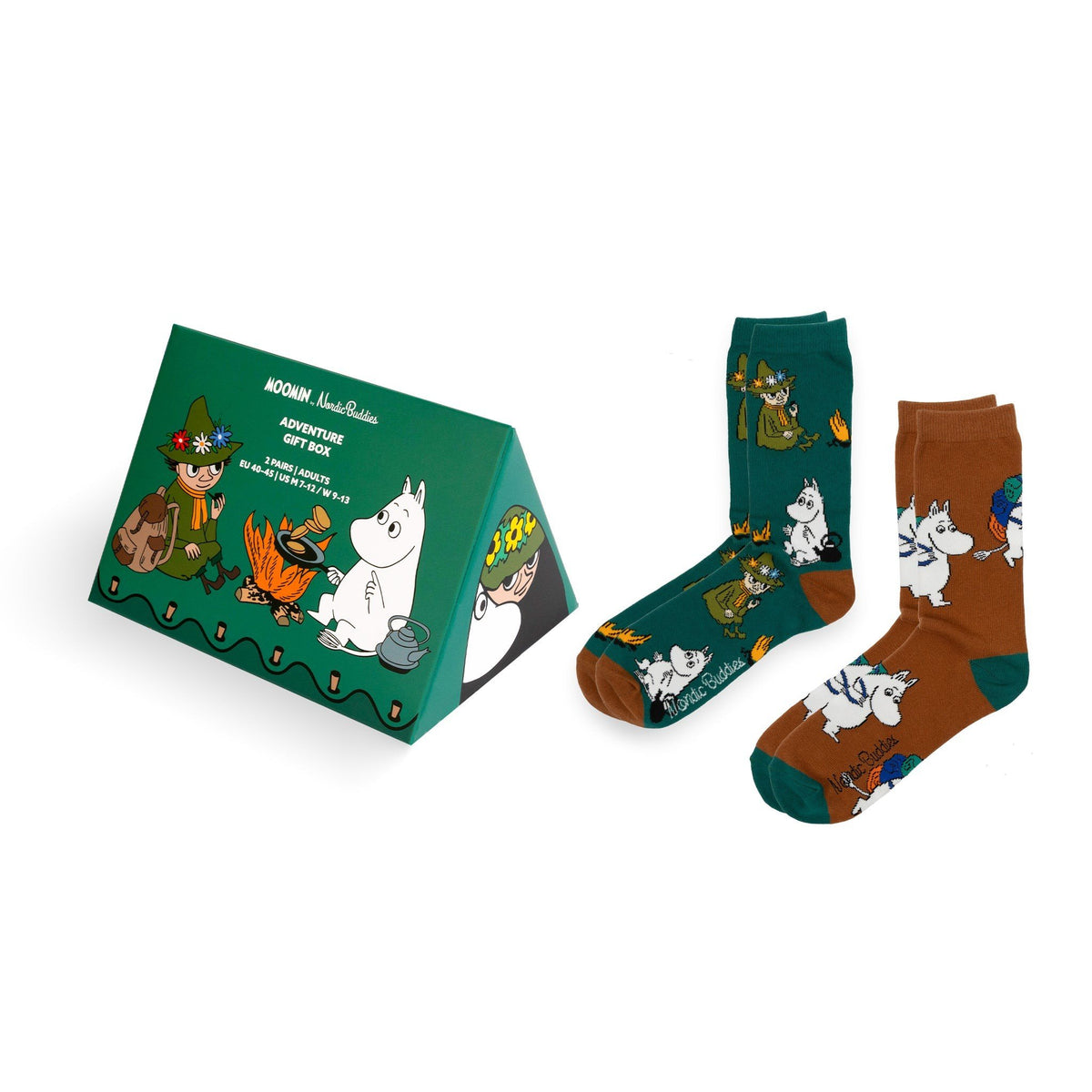 1. Moomin by NordicBuddies Adventure Gift Box with two pairs of socks, featuring green and brown designs with Moomin characters, displayed with packaging