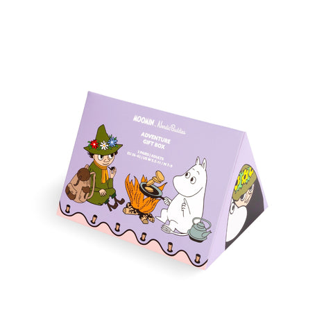 4. Purple gift box with Moomin and Snufkin illustrations, labeled 'Adventure Gift Box' by NordicBuddies