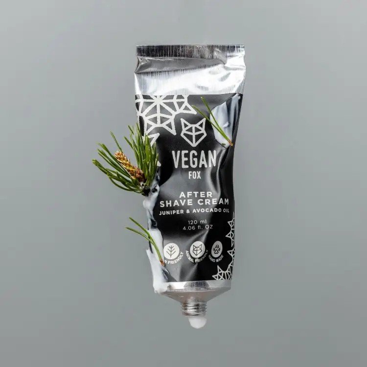 1. Vegan Fox After Shave Cream for men in eco-friendly aluminium tube with juniper and avocado oil, 120ml, shown with pine branch