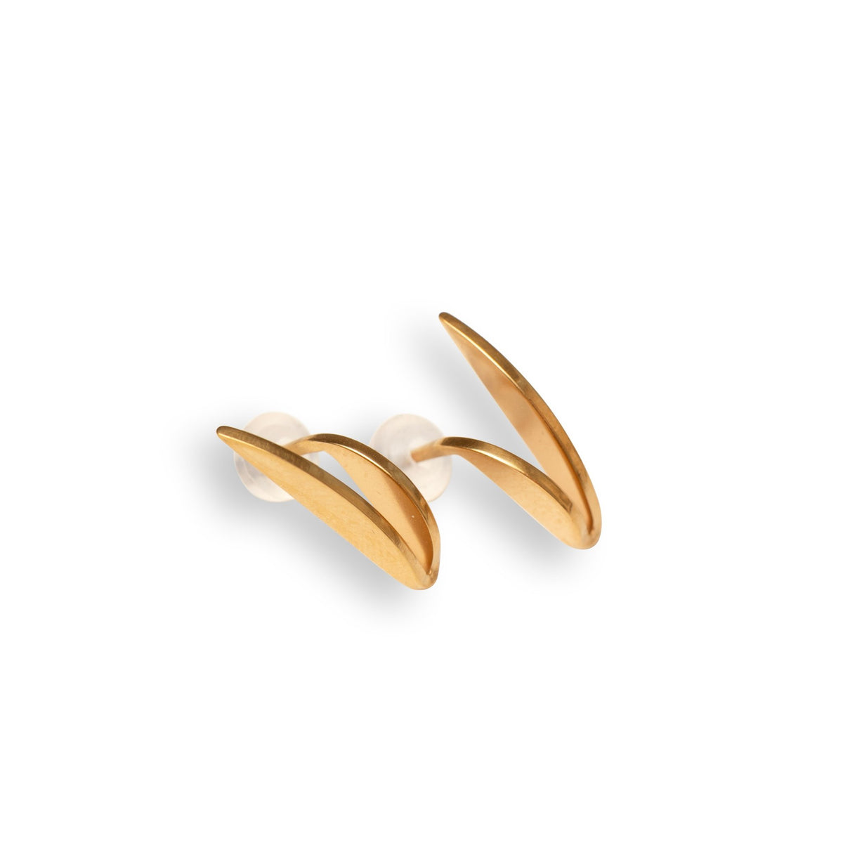 2. Pair of Lentsius Sunlit earrings in polished gold-tone stainless steel with soft silicone backs on white background