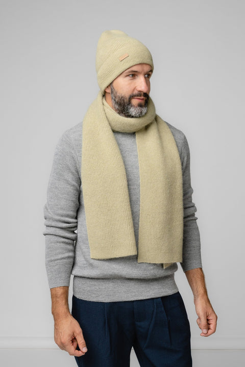 2. Men's camel Alpaka Fisherman's Rib scarf and hat set in studio setting