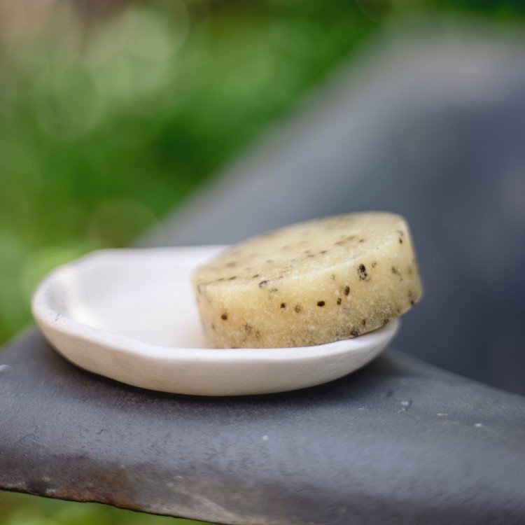 4. Vegan Fox body scrub bar with kiwi seeds on a ceramic dish, displayed outdoors with blurred greenery