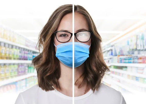 1. Woman wearing glasses with blue mask in store, left lens clear, right lens fogged, demonstrating anti-fog effect