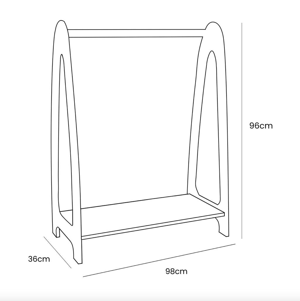 5. Size chart for children's arched clothing rack showing dimensions in centimeters