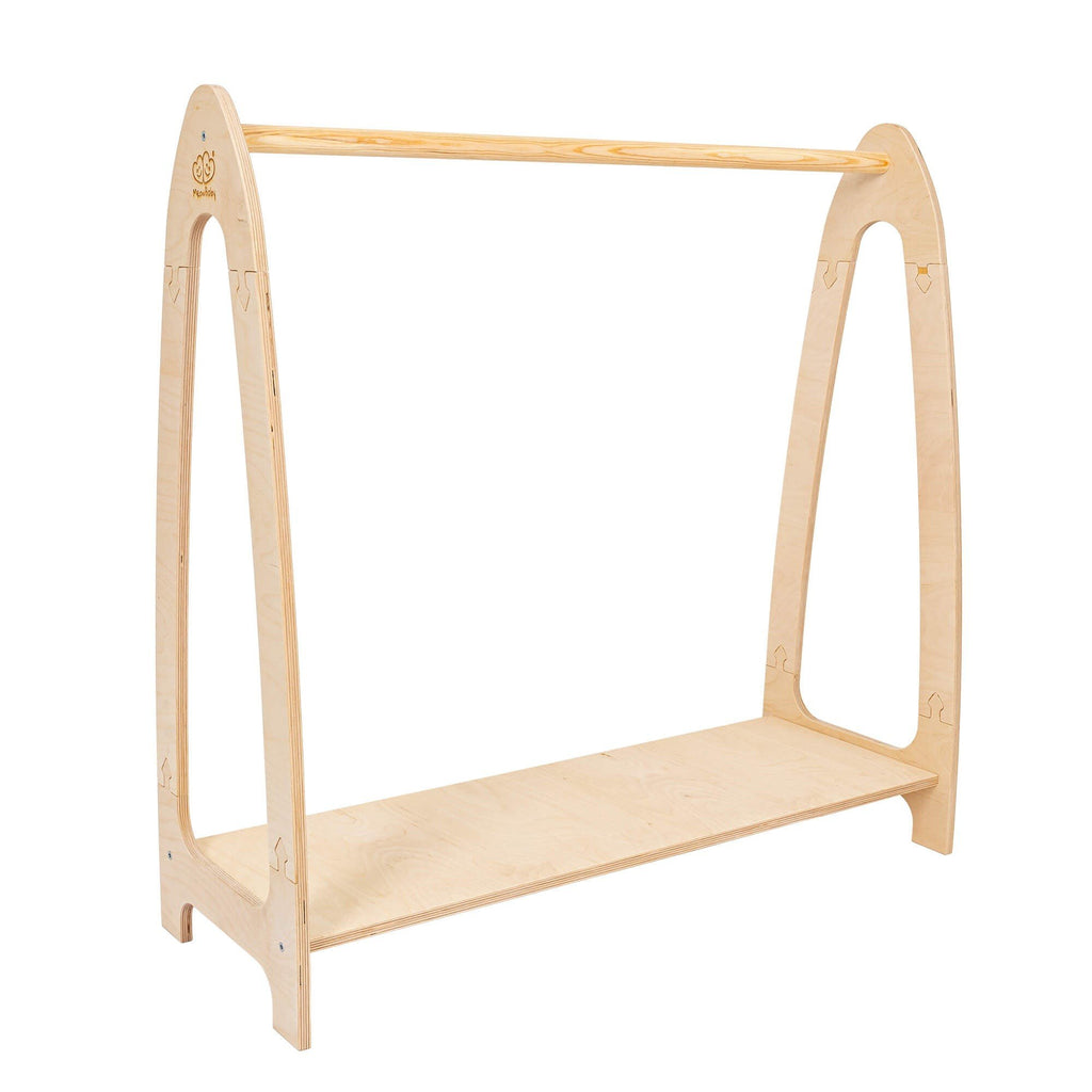 2. Natural wood arched clothing rack for children with shelf, studio setting