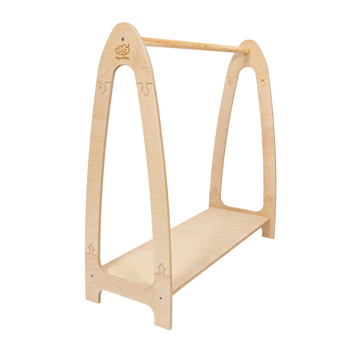 2. Natural wood arched clothing rack for children with shelf, angled view in studio